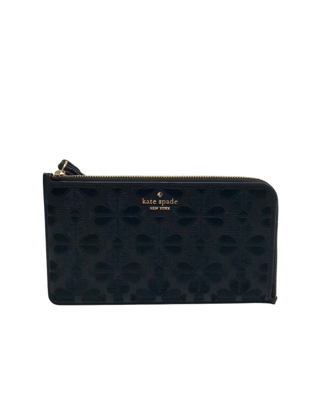 Kate Spade Black Refined Grain Leather Flower Embroidered Medium L-Zip Wristlet